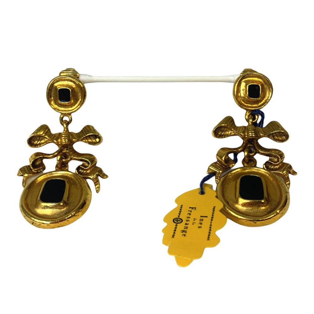 Ines de la Fressange Gold Ribbon and Plates Blue Cabochon Earrings